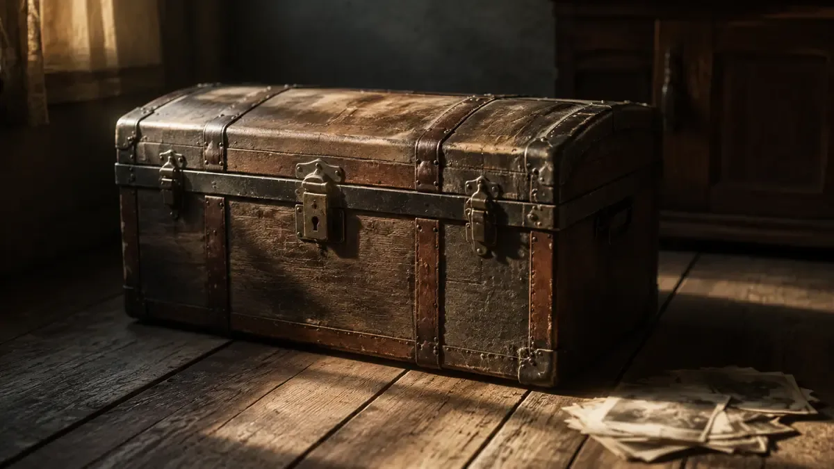 Baúl antiguo de viaje con fotografías desenfocadas, luz cálida