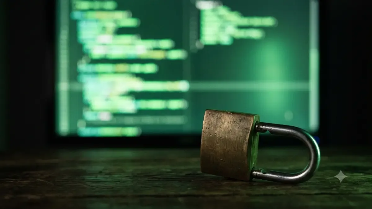 Pantalla con renglones difuminados en verde y un candado abierto delante
