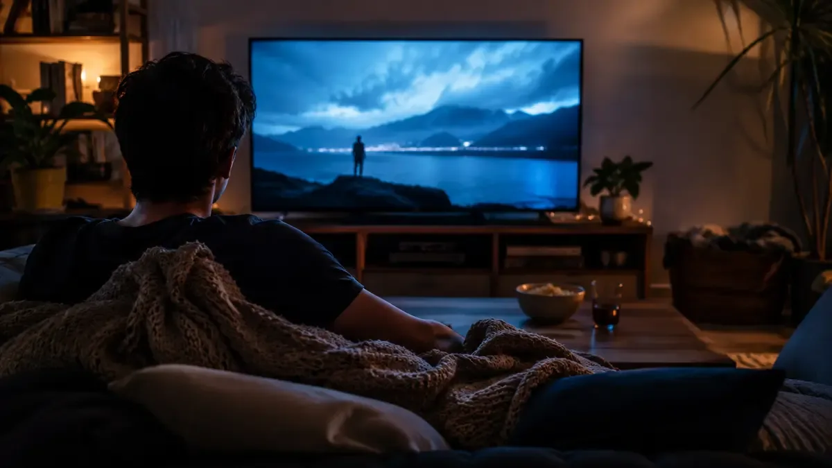 Living con TV encendida de noche y un sillón con manta