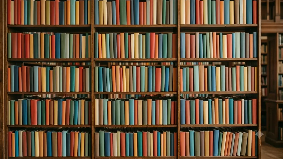 Estanteria alta con libros de lomos de colores planos sin titulos