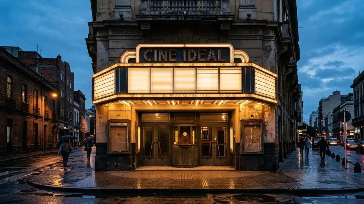 Marquesina iluminada de un cine de barrio con carteleras vacías